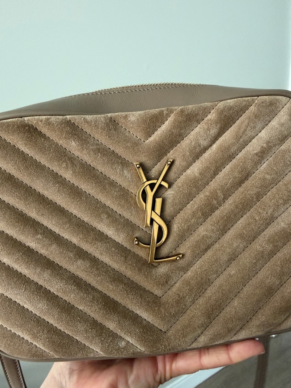 Saint Laurent Taupe Suede Quilted Crossbody with Gold YSL